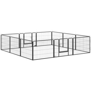 Schwarzes PawHut Freilaufgehege aus 12 Metall-Gitterpaneelen mit Tür, 60 cm hoch, für Outdoor.