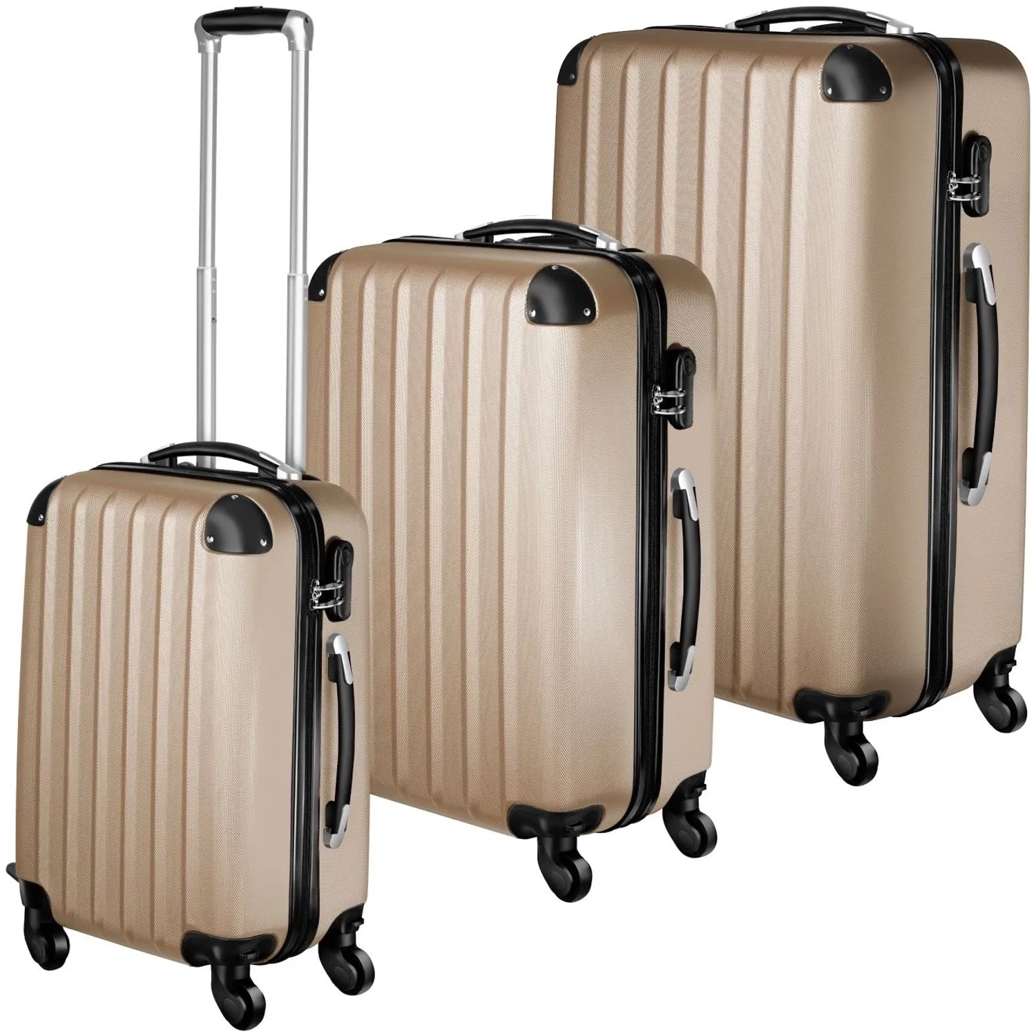 Tectake Hartschalenkoffer Set  3 Teilig  Aus Robustem Abs Kunststoff Mit Teleskopgriff  30 x 50 x 75 cm Champagner