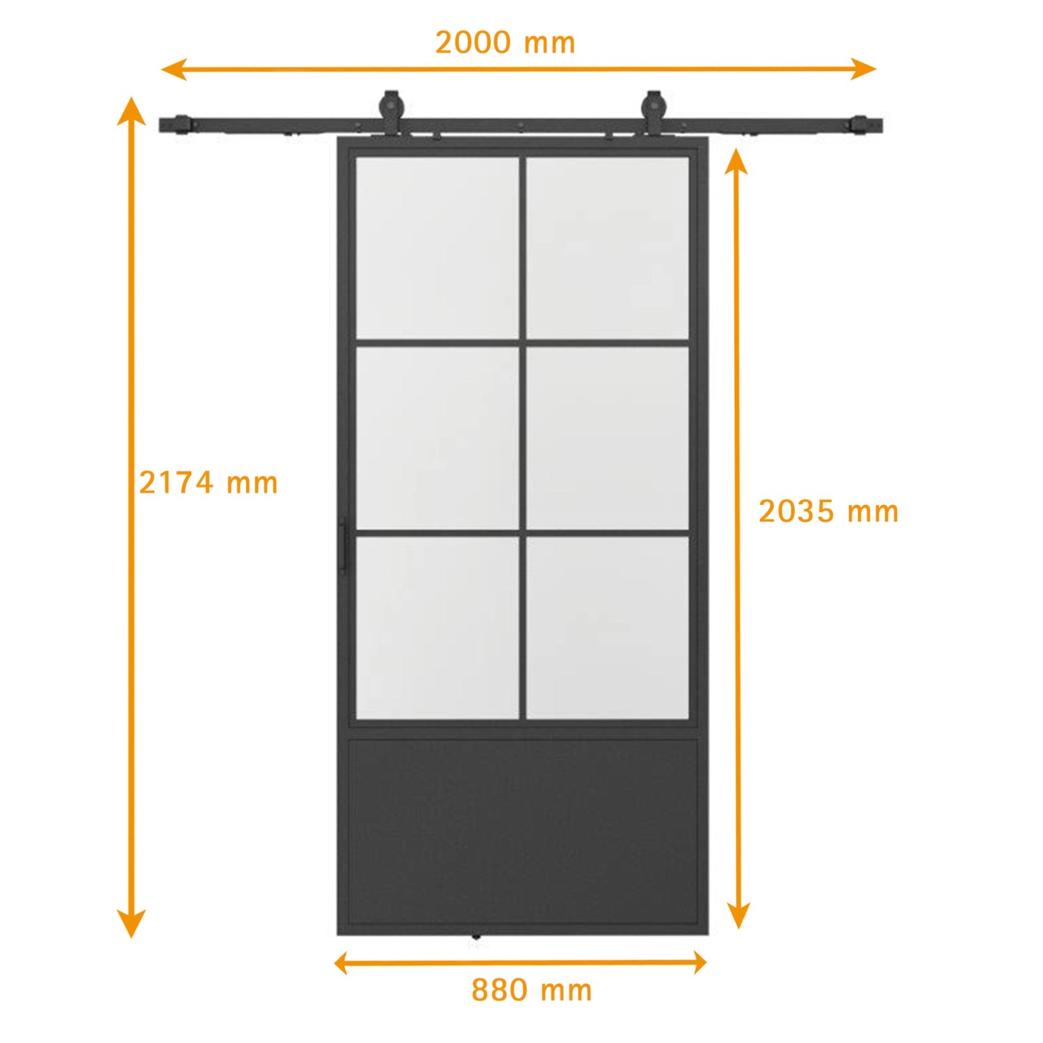 inova Loft Glastür Schiebetür Komplettset, 6 Felder, Stahl schwarz, mit Softclose und Maßen.