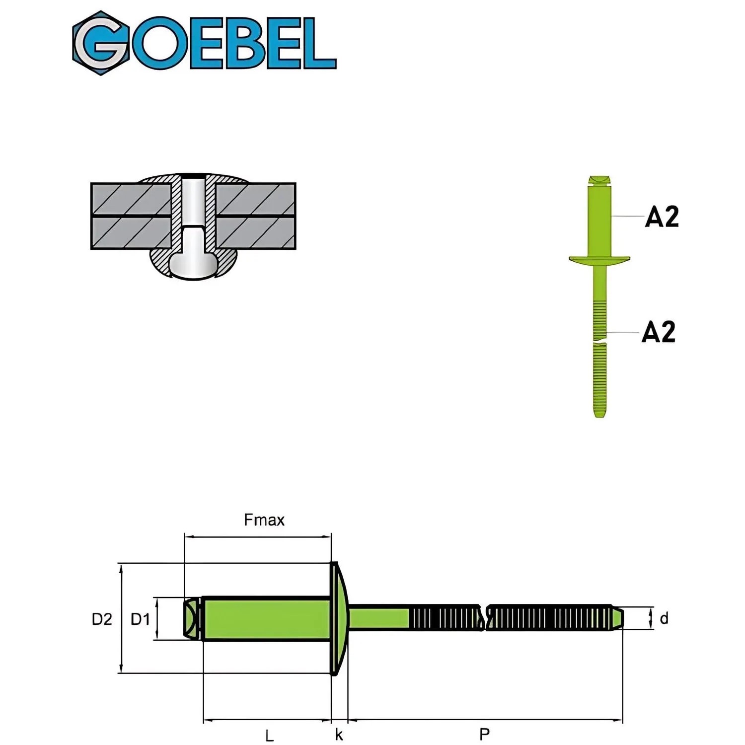 GOEBEL Großkopfnieten Edelstahl A2, 3,2x8 mm: Blindnieten für Zangen, Detailansicht mit Maßen.