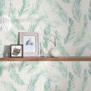 Mintgrüne Feder Tapete mit Federmuster in Leinen Optik für Wohn- und Schlafzimmer.