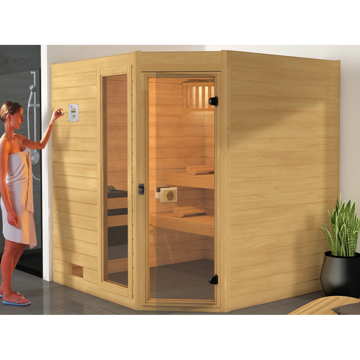 Weka Massivholzsauna 38 mm Valida Eck 3 mit Glastür und Fensterelement