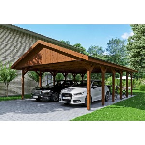 Doppelcarport Wallgau Nussbaum mit schwarzen Dachschindeln, Holzkonstruktion mit zwei parkenden Autos.