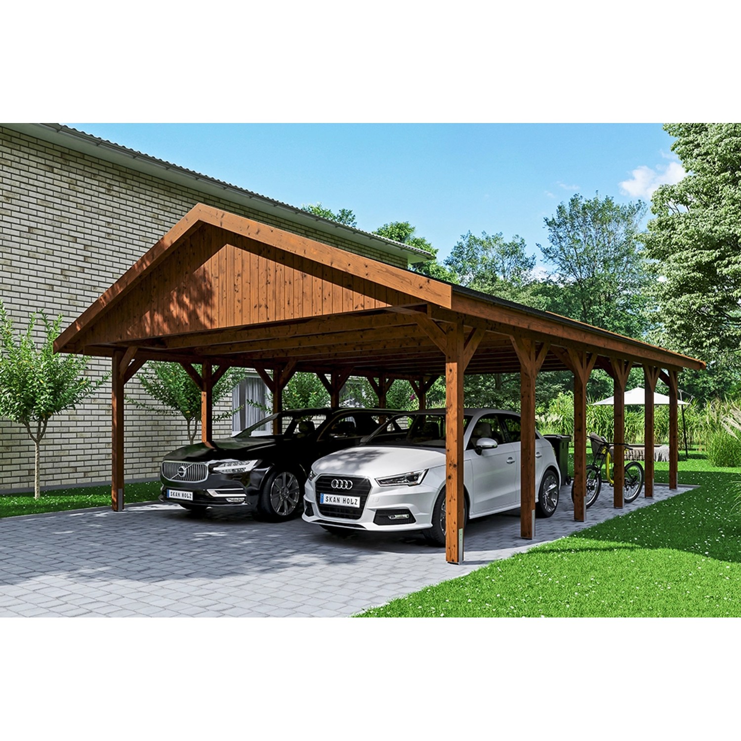 Satteldach-Carport Wallgau Nussbaum 620 x 900 cm schwarze Schindeln