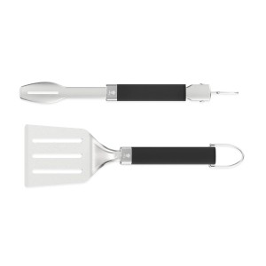 Weber Grillbesteck-Set Kompakt, 2-teilig: Grillzange und Wender aus Edelstahl mit schwarzen Griffen.