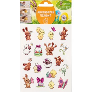 Brauns-Heitmann Eierfarben Sticker Frühling mit Hasen, Küken, Schafen und Blumen.
