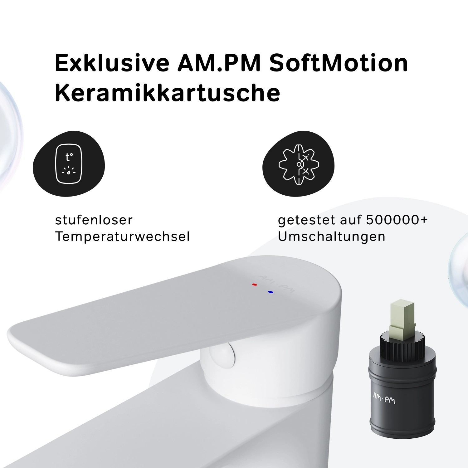 AM.PM Waschtischarmatur Hit, weiß, mit Keramikkartusche und Hinweisen zur Temperaturregelung.