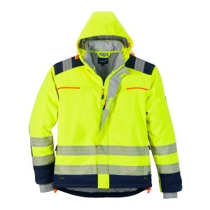 Scheibler Warnschutz-Thermosoftshelljacke Safeness in Gelb-Blau, Gr. XS mit Reflektoren und Kapuze.
