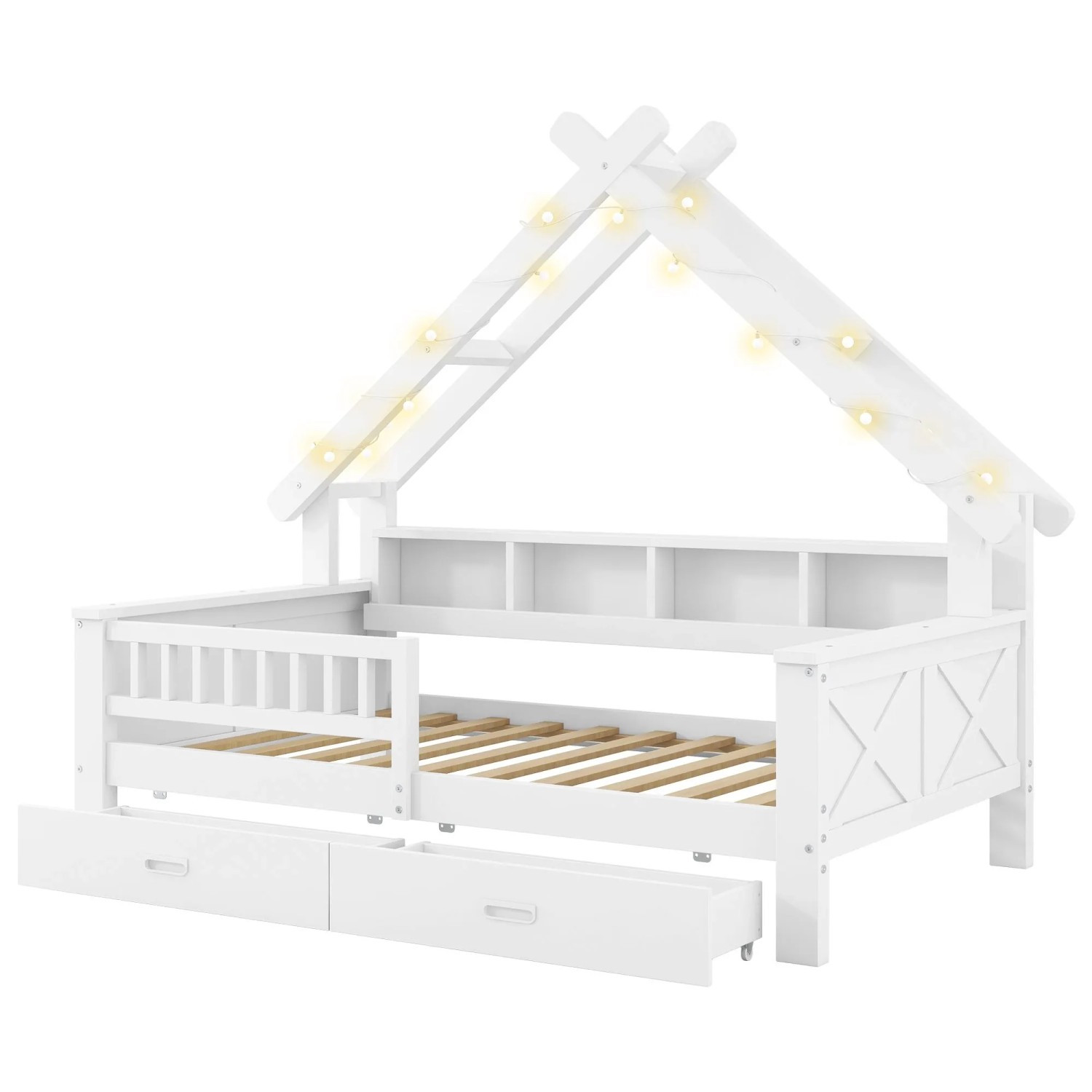 okwish Hausbett 90x200cm mit LED Schubladen Regal und Schutzgitter Weiß ohne Matratze