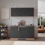 Respekta Küchenzeile KB150BG, 150 cm, Grau und Buche Dekor mit Spüle und Kühlschrank.