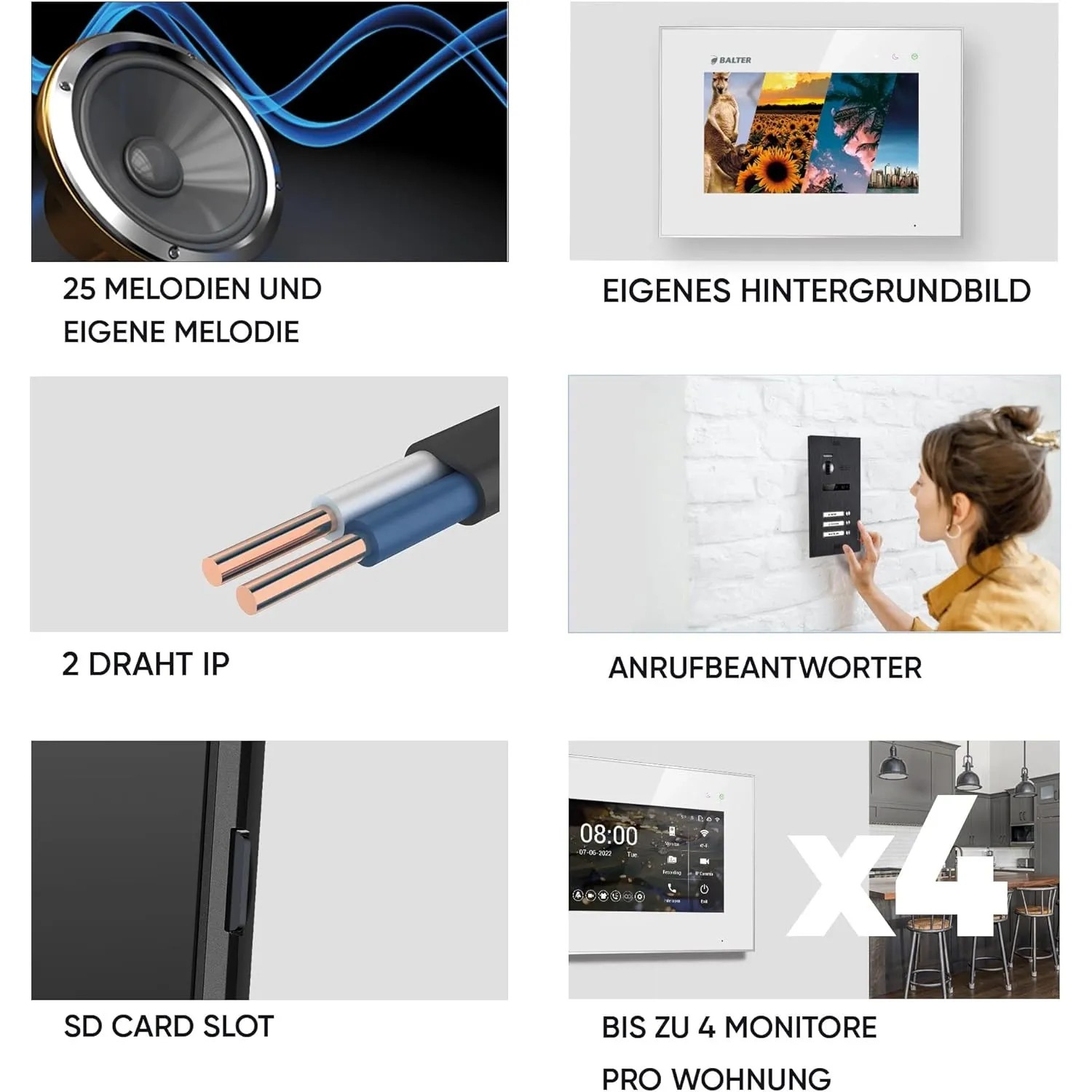 Balter EVO-HD Video-Türsprechanlage mit Fingerprint, 7 Zoll Monitor, diverse Detail-Ansichten.