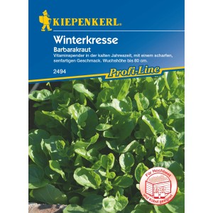 Kiepenkerl Winterkresse Barbarakraut Samenpackung mit grünen Blättern, geeignet für Hochbeet und Kübel.