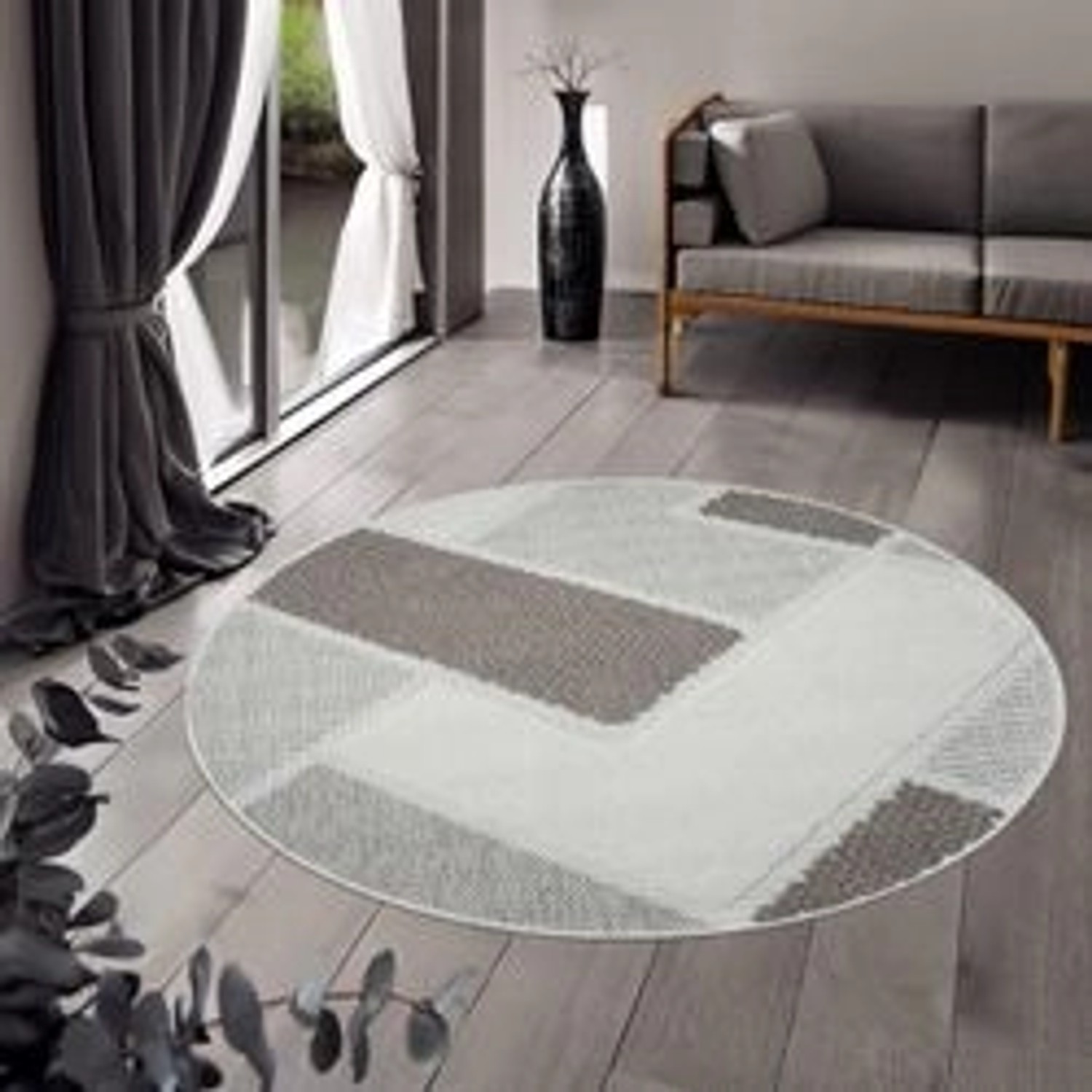 Beiger, runder Kurzflor-Teppich Linda mit Geo-Muster, 200x200 cm. Moderner Wohnzimmerteppich.