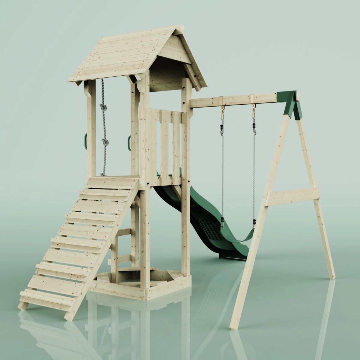 PolarPlay Spielturm Göteborg mit Schaukel und Rutsche aus Holz, grün akzentuiert.