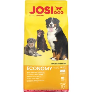 Gelbe 15kg Packung Josidog Economy Hunde-Trockenfutter mit drei Hunden abgebildet.