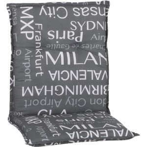 Graue Saumauflage Bellona für Niedriglehner Gartenstühle mit Städtenamen Muster.