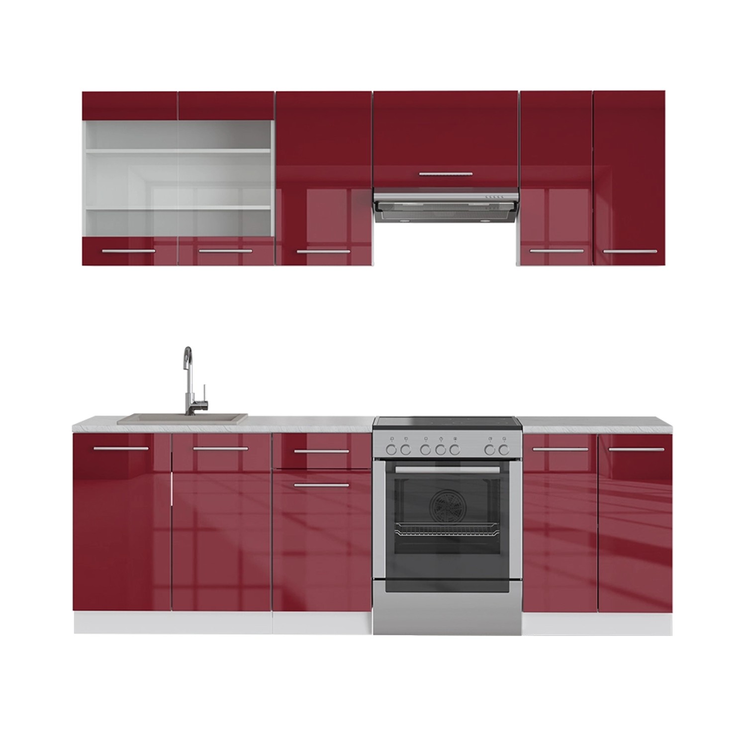 Vicco Fame-Line Küchenschränke Bordeaux Hochglanz/Weiß 240 cm AP Marmor günstig online kaufen