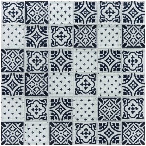 Mosaik Glas Retro Indigo, 30x30 cm, für Innenräume. Detailansicht der Muster.