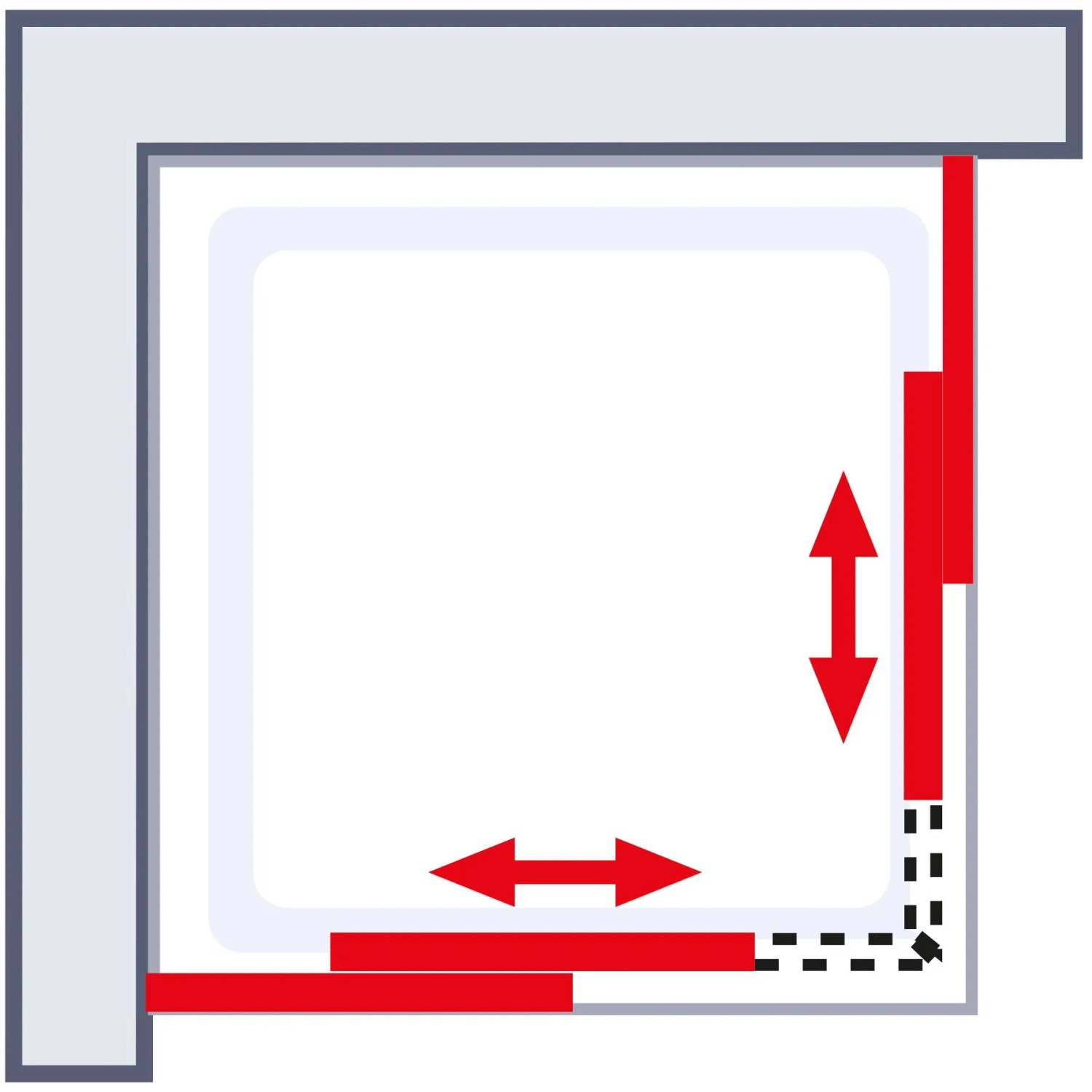 Eckdusche Schulte Kristall/Trend, 80x80 cm, klar hell, mit Schiebetür-Symbol.