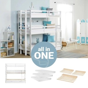 Homestyle4u Etagenbett mit Matratzen 90x200 cm Kinderbett Dreifachbett Hochbett Bettkasten