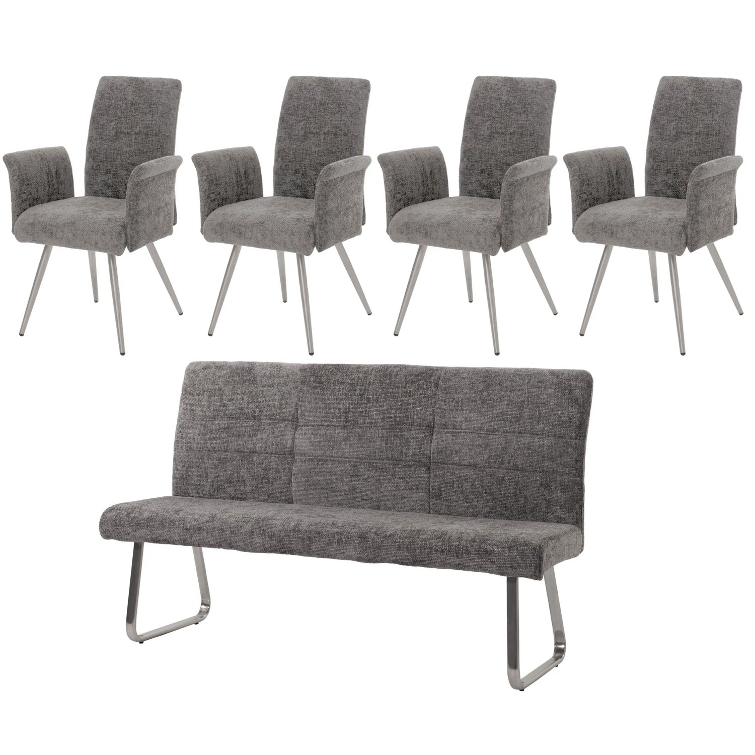 MCW Esszimmer-Set G55 4er-Set Stuhl mit Armlehne+Sitzbank 180cm 5-teilig Stoff Chenille Dunkelgrau