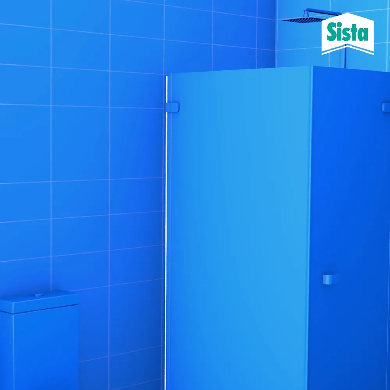 Blaues Badezimmer mit Dusche und WC, abgedichtet mit transparentem Sista Silikon Dichtstoff.