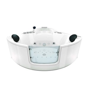 Weiße AcquaVapore Eck-Badewanne mit Tür, Whirlpool-Funktion, Armaturen und Nackenkissen.