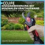 Hand hält CCLIFE Akku Astschere mit SK5 Klingen im Garten. Kabellose Gartenschere für Äste bis 40mm, LCD Anzeige.