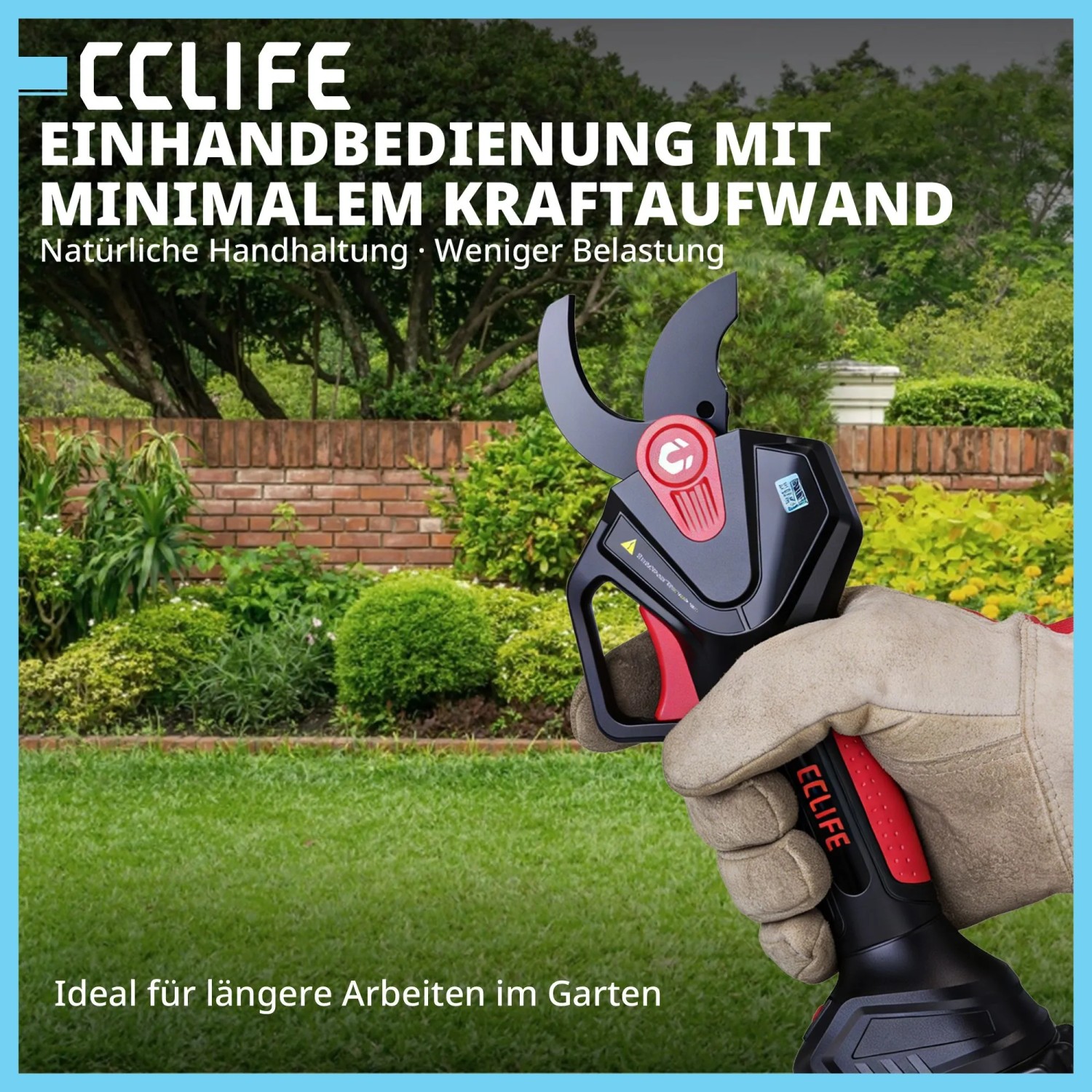 Hand hält CCLIFE Akku Astschere mit SK5 Klingen im Garten. Kabellose Gartenschere für Äste bis 40mm, LCD Anzeige.