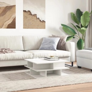 Weißer Couchtisch aus Holzwerkstoff, 70x70 cm, mit offenen Fächern. Modernes Design für Ihr Wohnzimmer.
