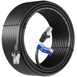 Schwarzes hb-digital CAT 7 LAN Kabel (50m) mit RJ45 Stecker, aufgerollt.