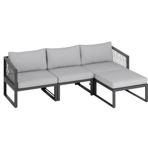 4-teiliges Lounge-Set Willa aus Aluminium in Anthrazit mit grauen Kissen und Auflagen.