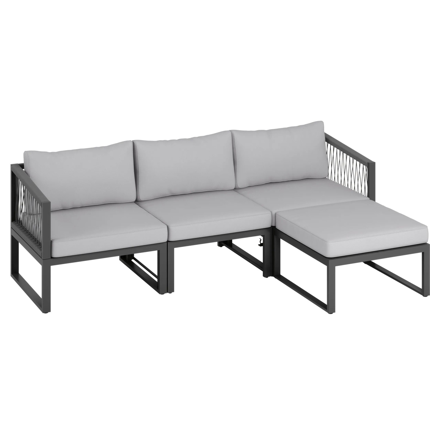 4-teiliges Lounge-Set Willa aus Aluminium in Anthrazit mit grauen Kissen und Auflagen.