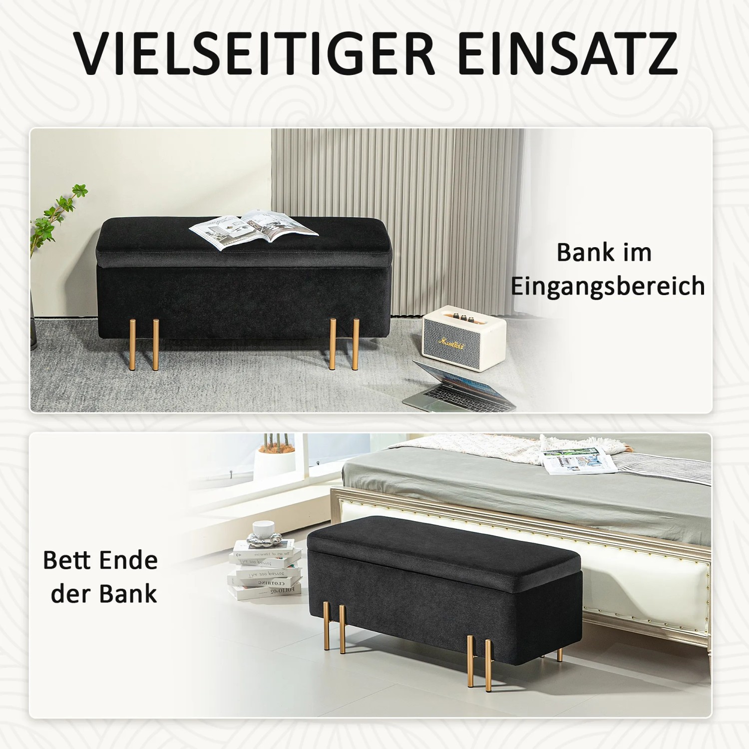 HOMCOM Sitzbank mit Stauraum, schwarzer Samt, Holzfüße, vielseitig einsetzbar.