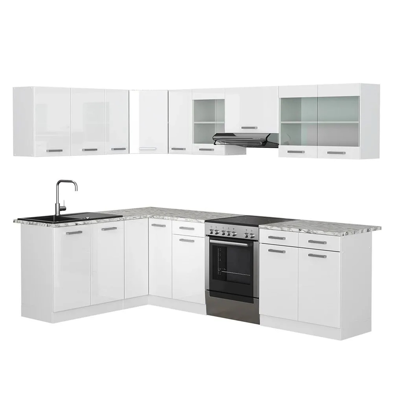Vicco Eckküche R-Line Weiß Hochglanz/Weiß 267 x 82, AP Marmor
