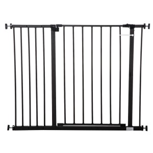 Schwarzes PawHut Türschutzgitter mit Klemmbefestigung, verstellbar von 76-107 cm.