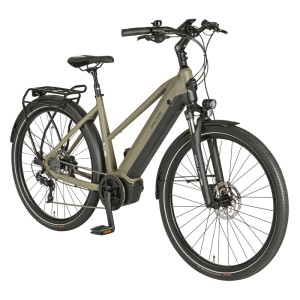 Moosgraues Prophete Trekking E-Bike Entdecker 4.0 Damen mit Trapezrahmen und AEG Mittelmotor.