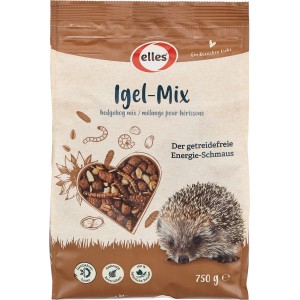 Elles Igelfutter Mix, 750g Packung mit Igel-Illustration und herzförmigem Futter-Ausschnitt.