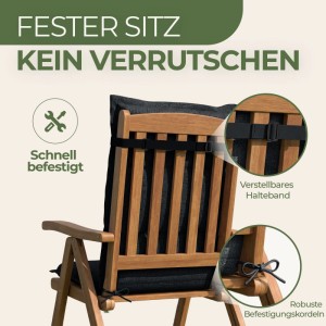 Dunkelgraue Hochlehner Auflage auf Holz-Gartenstuhl, rutschfest mit verstellbarem Halteband und Kordeln befestigt.