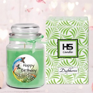 HS Candle Duftkerze Happy Birthday im Glas mit Bonbon Coconut Limes Duft.
