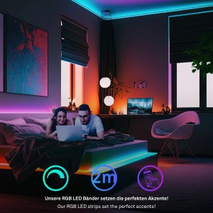 Smartes 2 m LED-Band Starter-Set von Briloner mit RGB/W-Funktion für stimmungsvolle Beleuchtung im Schlafzimmer.