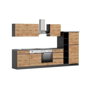 Moderne Held Möbel Küchenzeile Turin 330 cm in Wotaneiche-Graphit mit E-Geräten.