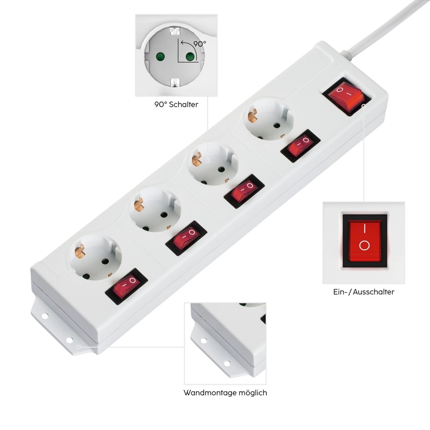 Weiße 4-fach Steckdosenleiste mit 90° Drehrichtung, einzeln schaltbar und zur Wandmontage geeignet.