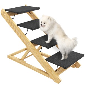 PawHut 2-in-1 Hundetreppe aus Holz mit 4 Stufen, genutzt von einem kleinen, weißen Hund.