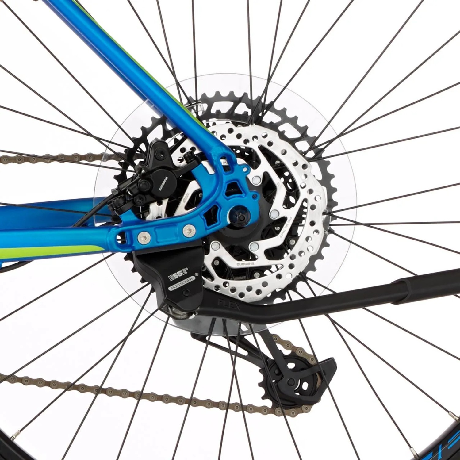 Detailaufnahme des blauen Fischer E-Bike Mountainbike 27,5" Montis 6.0i mit Shimano Scheibenbremse.