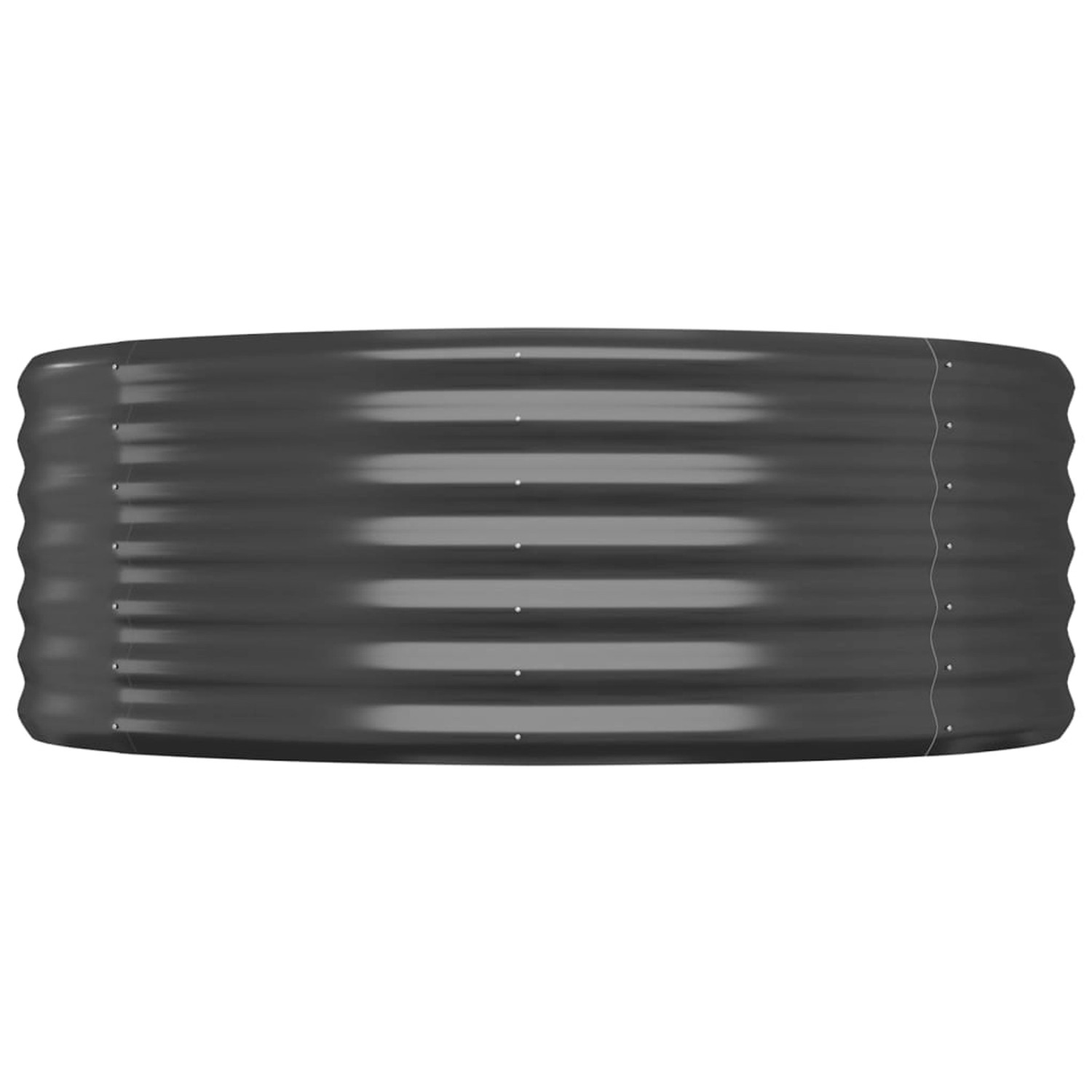 Anthrazitfarbenes, ovales Hochbeet aus pulverbeschichtetem Stahl (322x100x36 cm).