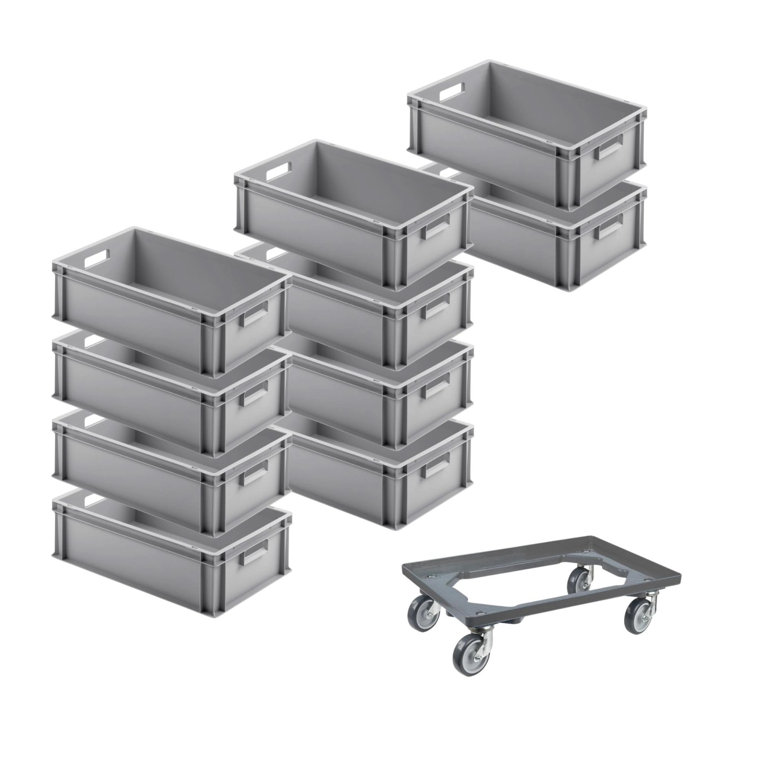 SparSet 10 x Eurobehälter Mit Offenem Griff und 1 x Transportroller Grau HxBxT 17,5 x 40 x 60 cm 30 Liter Eurobox Transp...