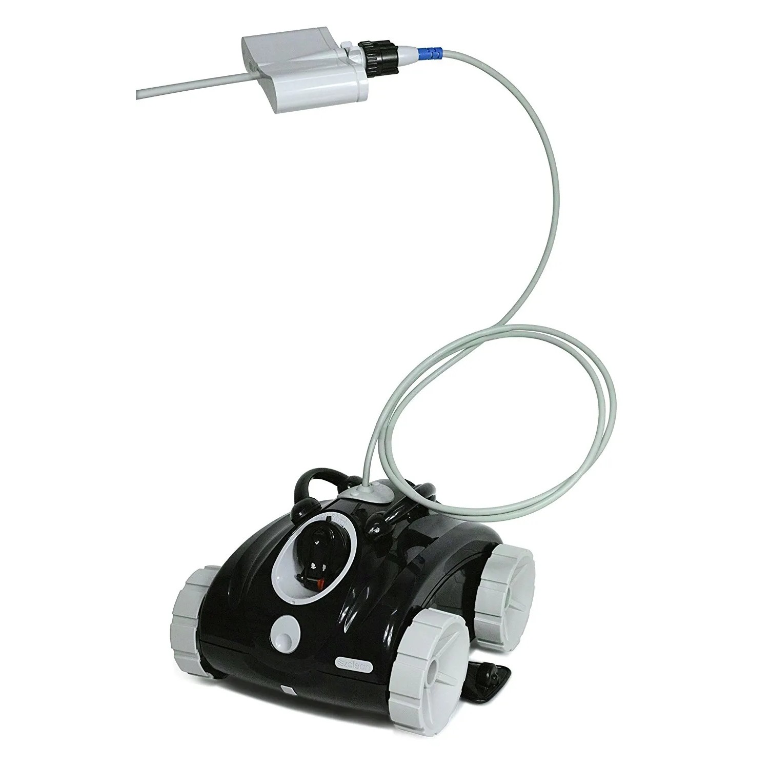 Interline Poolroboter Jellyfish 5220, ein schwarzer Poolreiniger mit Rädern und Kabel.