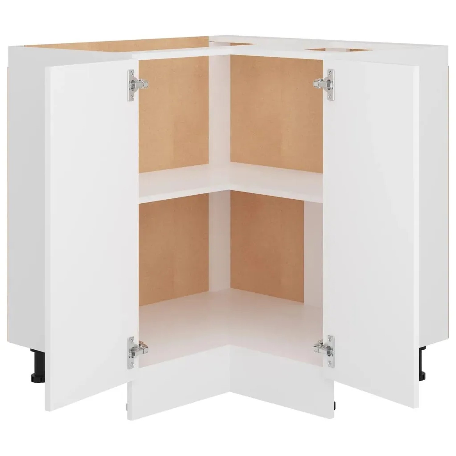 Weißer vidaXL Eckunterschrank aus Holzwerkstoff mit offenen Türen und zwei Regalböden.