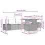 Beige-cremefarbene 5-teilige Garten Essgruppe aus Polyrattan mit Tisch und Sofas mit Kissen.